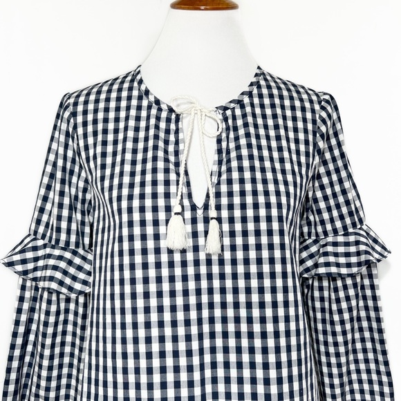 Splendid Navy Gingham Check Ruffled Tie Neck Navy White Long Sleeve Peasant Top - Picture 3 of 10